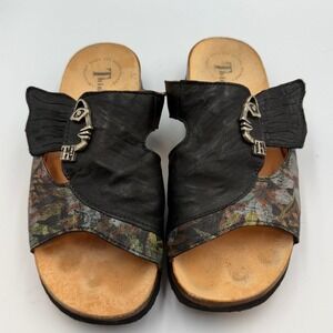 Think! Julia Black Mizzie with Face Floral Leather Slide Sandals Face Buckle 6.5